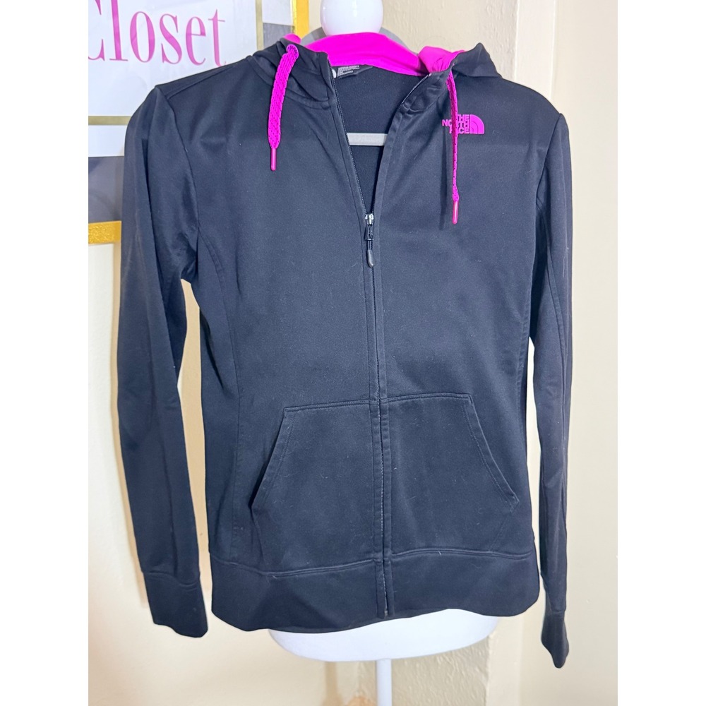 The North Face Womens Full Zip Hoodie Black Pink Logo Sweatshirt Size Medium